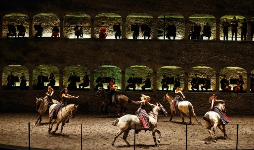 Horses and riders perform on stage during a dress rehearsal of Wolfgang Amadeus Mozart's "Bartabas" in Salzburg